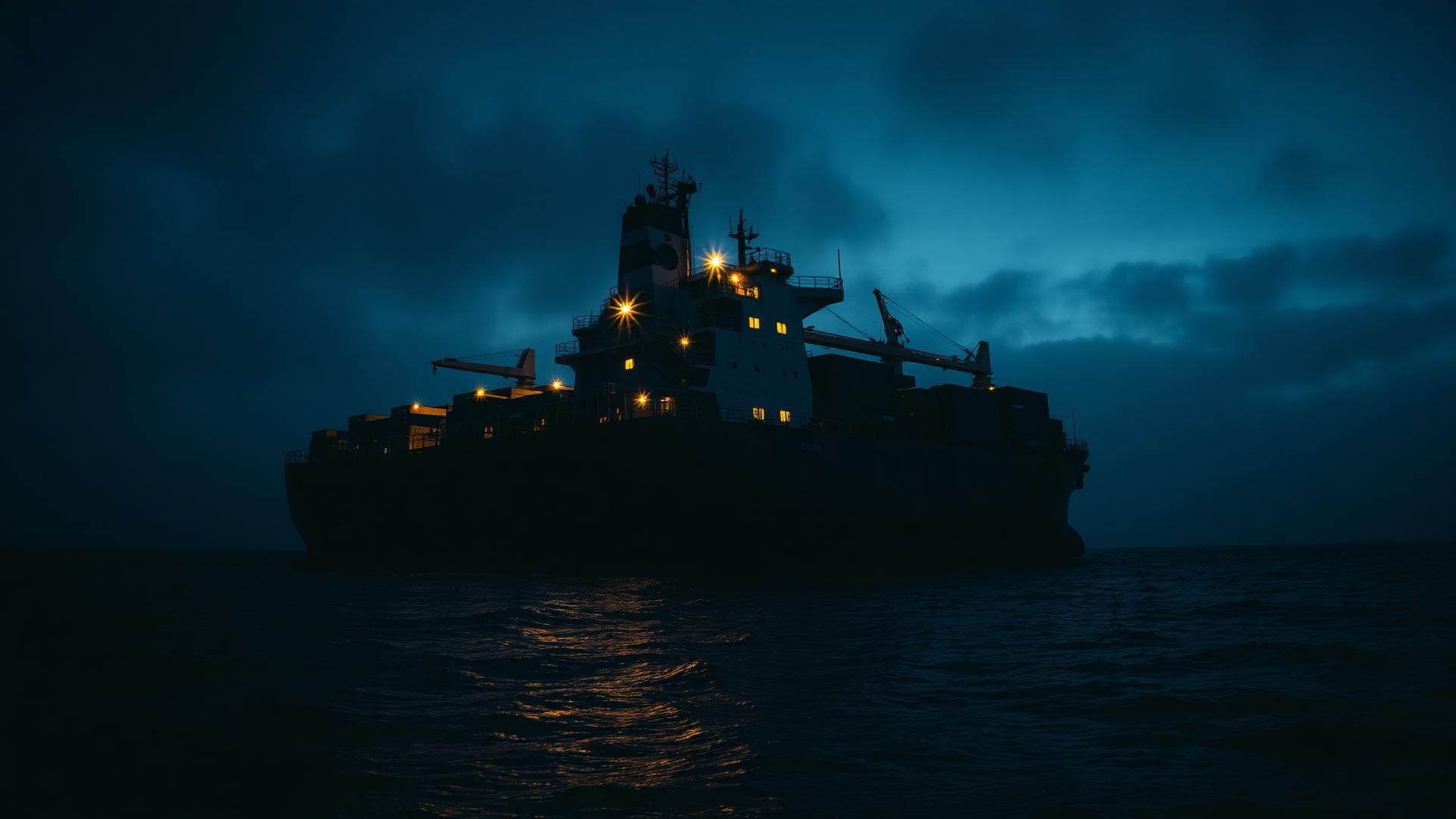 Commercial cargo ship at sea during blue hour